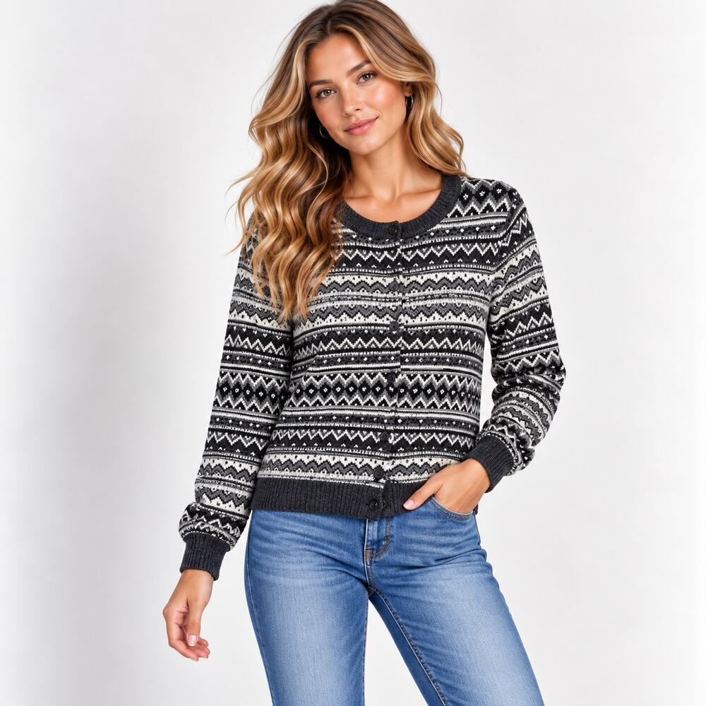 Talbots Fair Isle Cardigan Sweater Women's Size L Lambswool Blend Preppy Casual